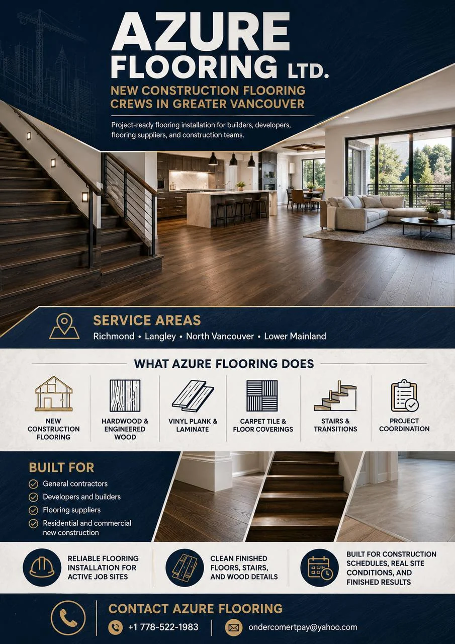 Azure Flooring Ltd. infographic showing new construction flooring services, service areas, built-for audiences, and contact details